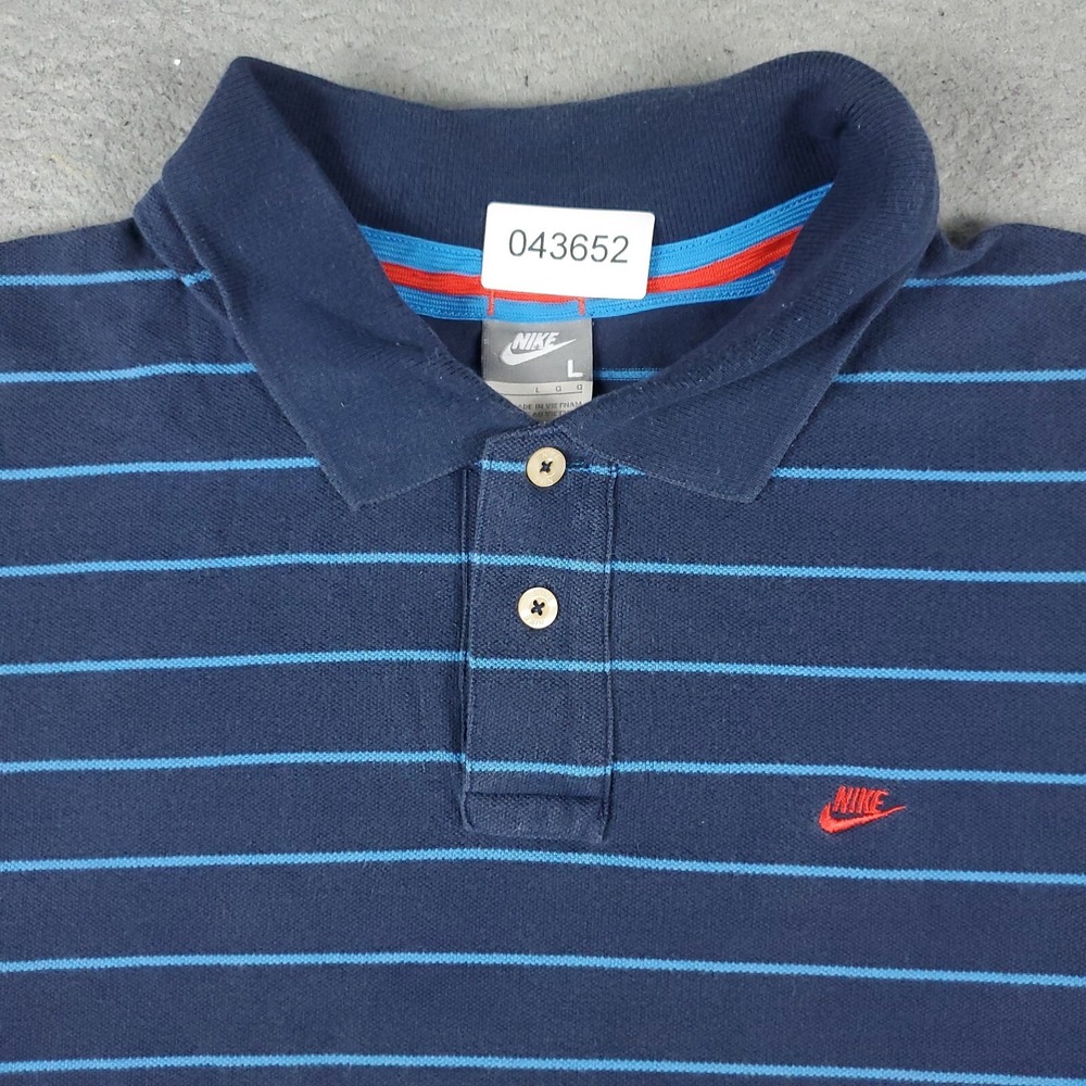 Nike Polo Shirt Mens Large Blue Striped Vintage Y2K Cotton Swoosh Short Sleeve *